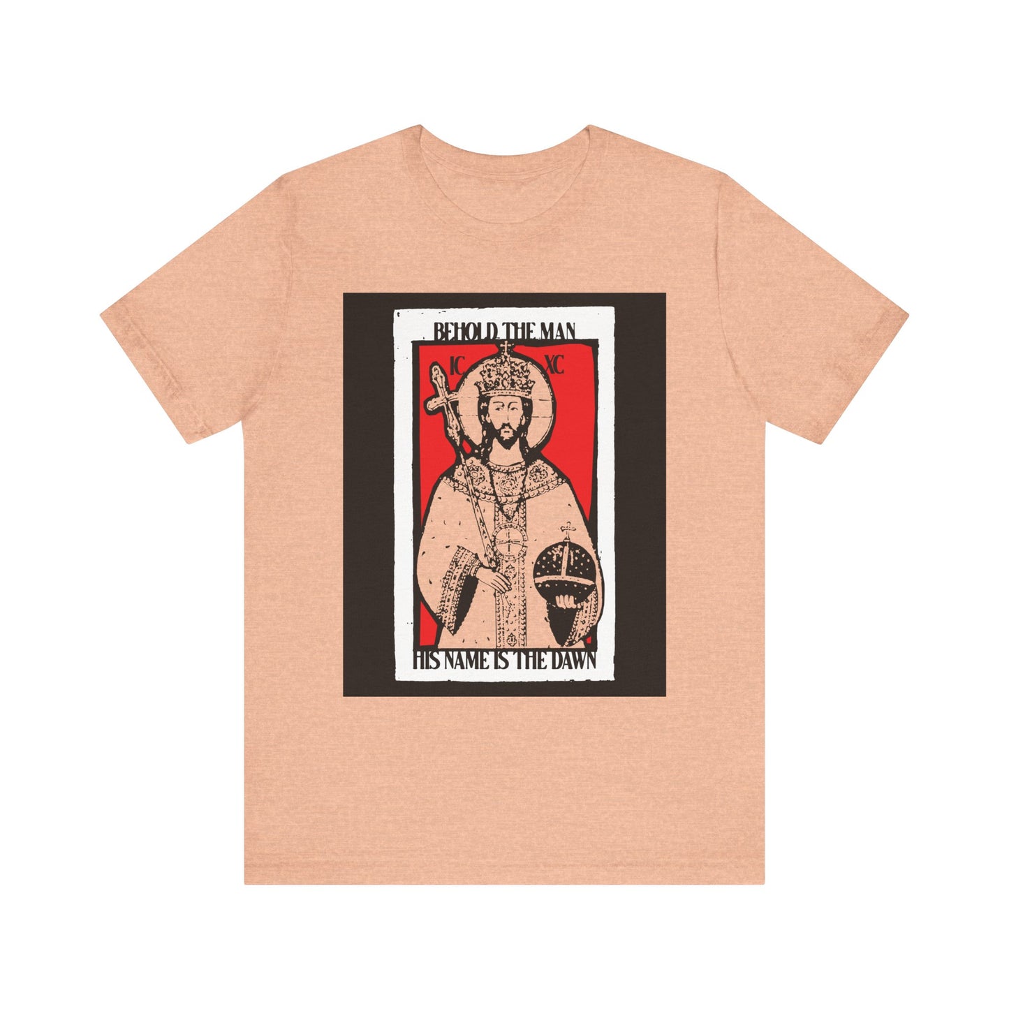 Heather peach unisex tee featuring a red & yellow Christ icon with "Behold the Man, His Name is the Dawn" (Zechariah 6:12 LXX)—a messianic, lightweight cotton graphic inspired by resurrection.