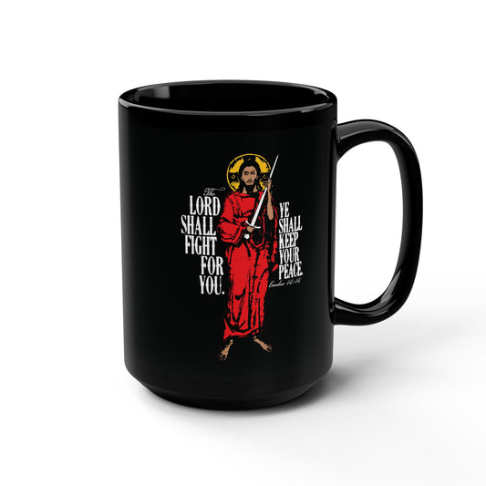 The Lord Shall Fight For You (Exodus 14:14) | Jesus Christ with Sword IconoGraphic | Orthodox Christian 15oz Black Mug