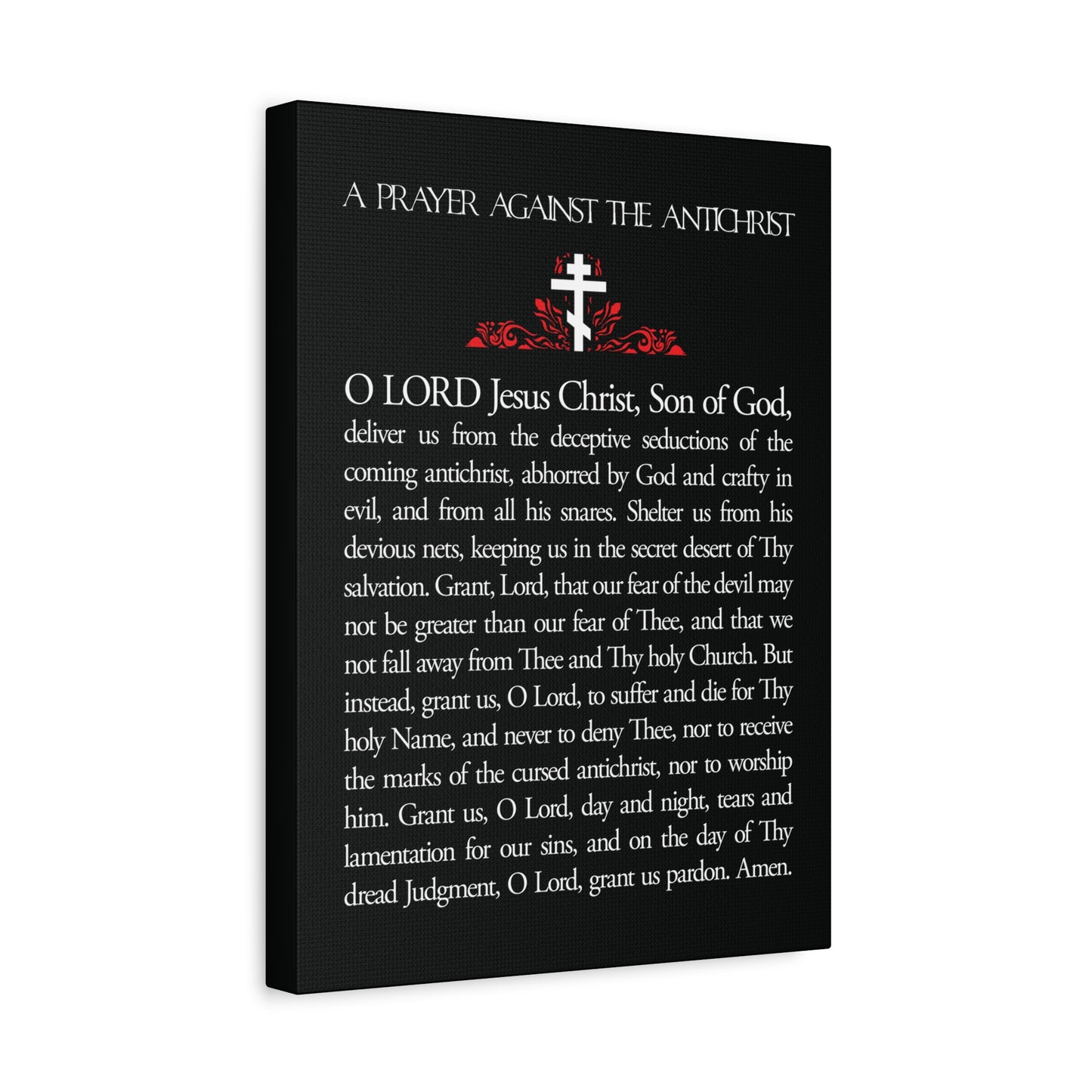 A black and white book titled "Prayer Against the Antichrist By Elder Anatoly the Younger of Optina," featuring Orthodox Christian prayer and Book of Revelation themes with "Christ is King" white text wall art.