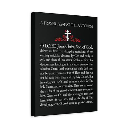 A black and white book titled "Prayer Against the Antichrist By Elder Anatoly the Younger of Optina," featuring Orthodox Christian prayer and Book of Revelation themes with "Christ is King" white text wall art.