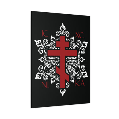 ICXC / NIKA Red Orthodox Cross on Ornate White Medieval Floral Design | Exclusive Best-Selling | Orthodox Christian Canvas Art