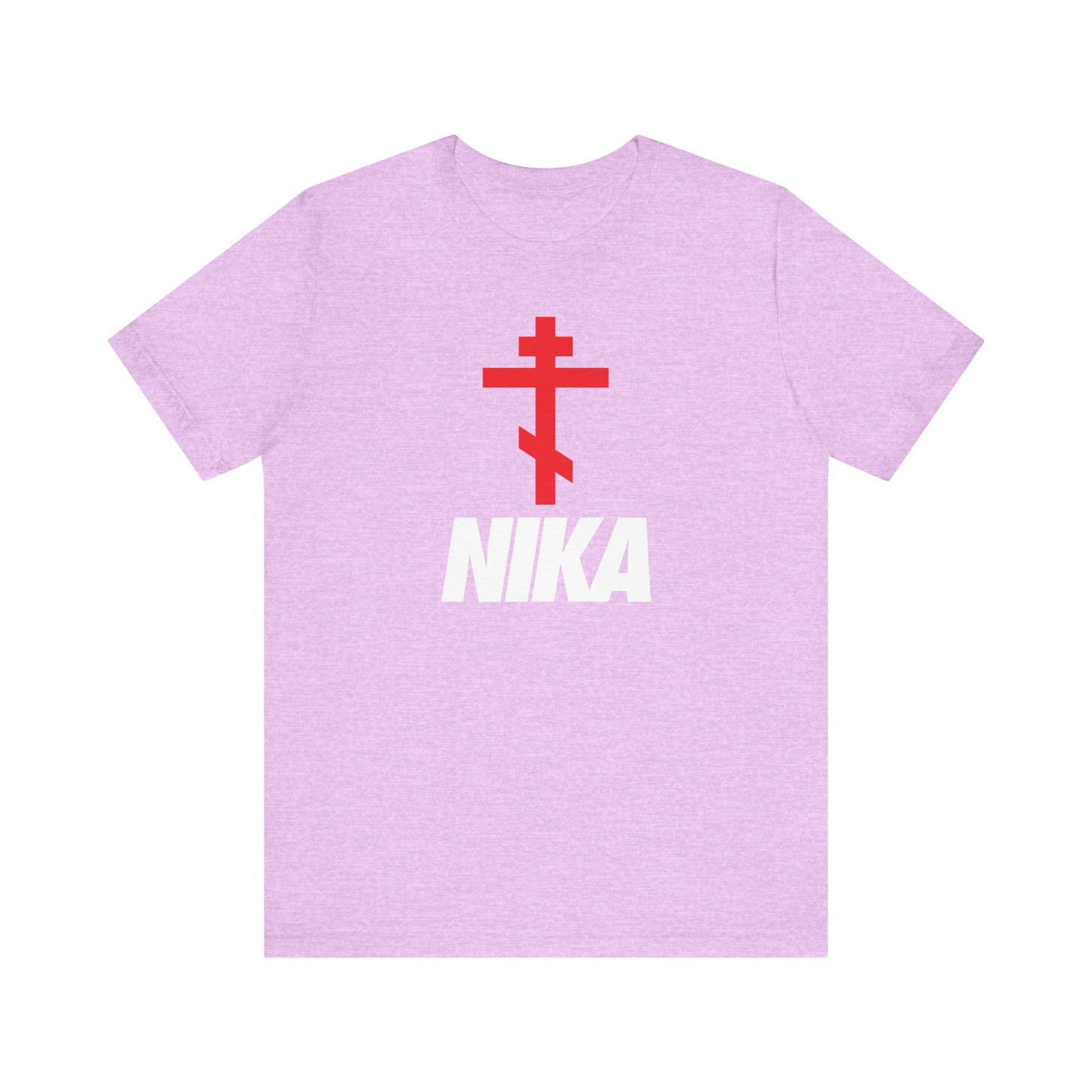 Heather Prism Lilac unisex tee featuring an Orthodox cross with bold NIKA text in a NIKE logo mashup design—minimalist Christian athletic fashion, lightweight cotton.