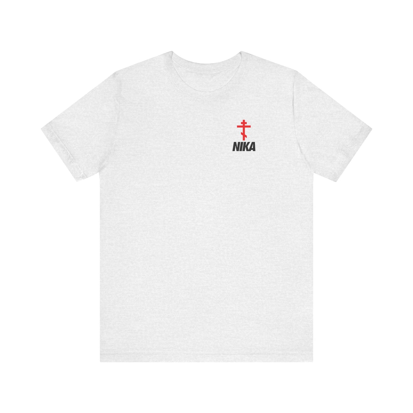 Ash t-shirt featuring a small red Orthodox cross and bold black NIKA text—a creative Nike-inspired design symbolizing "Jesus Christ Conquers"—printed on the left chest. Lightweight cotton, unisex fit.