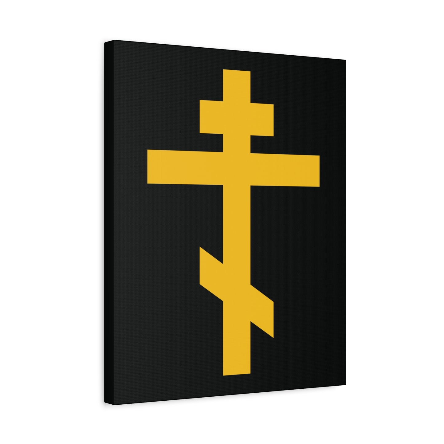 The Yellow Orthodox Cross Black Background canvas art features a gold cross symbolizing crucifixion with Christ, inspired by Galatians 2:20. Titled "Precious and Life-Giving Weapon of Unseen Warfare | Scourge of Demons.