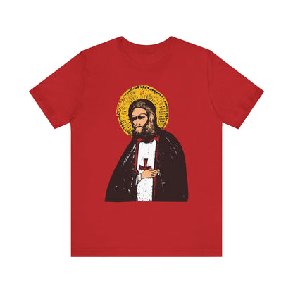 Red True Aim of Christian Life tee features St Seraphim of Sarov in an illustrated iconographic style, symbolizing the journey to acquire the Holy Spirit. This lightweight cotton unisex Orthodox shirt is printed on both sides.