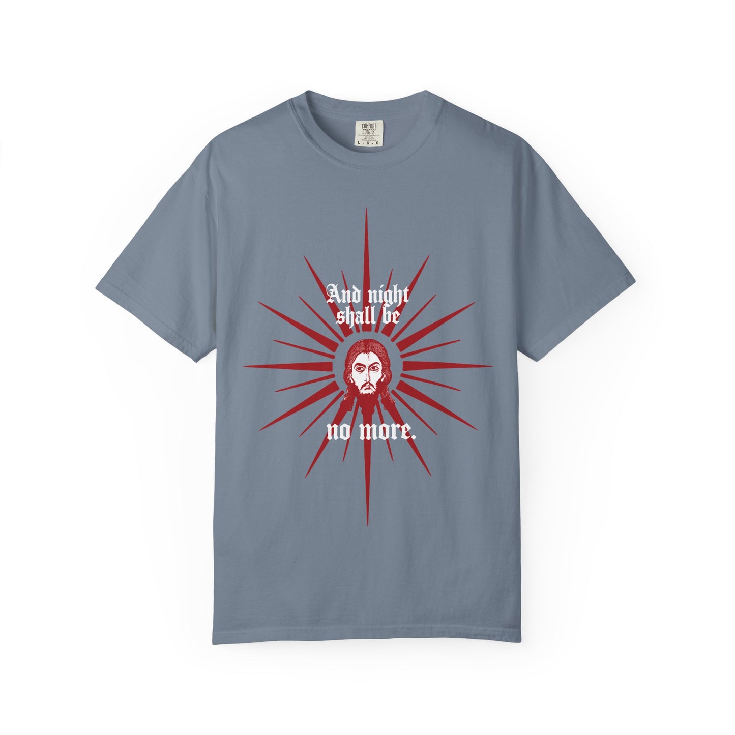 And Night Shall Be No More (Rev 22:5) | Red & White Design | Face of Jesus Christ Icono-Graphic | Orthodox Heavyweight Cotton Unisex Tee