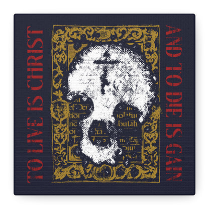 To Live is Christ, to Die is Gain (Philippians 1:21) | Skull with Cross on Gold Manuscript Texture | Orthodox Christian Canvas Art