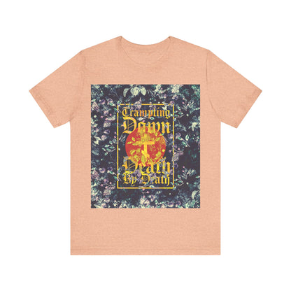 Trampling Down Death By Death | Paschal Floral Design with Gothic Script and Three-Bar Cross | Orthodox Christian T-Shirt