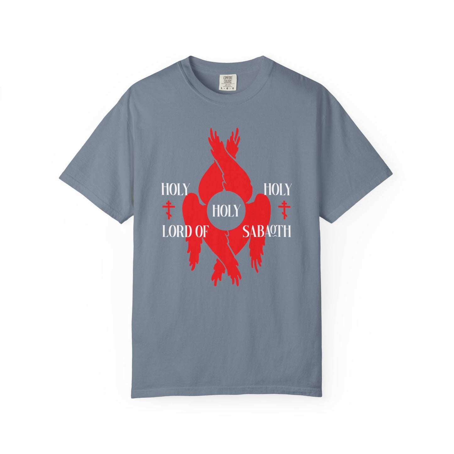 Blue Jean heavyweight cotton tee featuring red seraphim wings, Orthodox crosses, and white "HOLY HOLY HOLY LORD OF SABAOTH" text, inspired by Isaiah 6:3 and the Divine Council. Unisex fit.