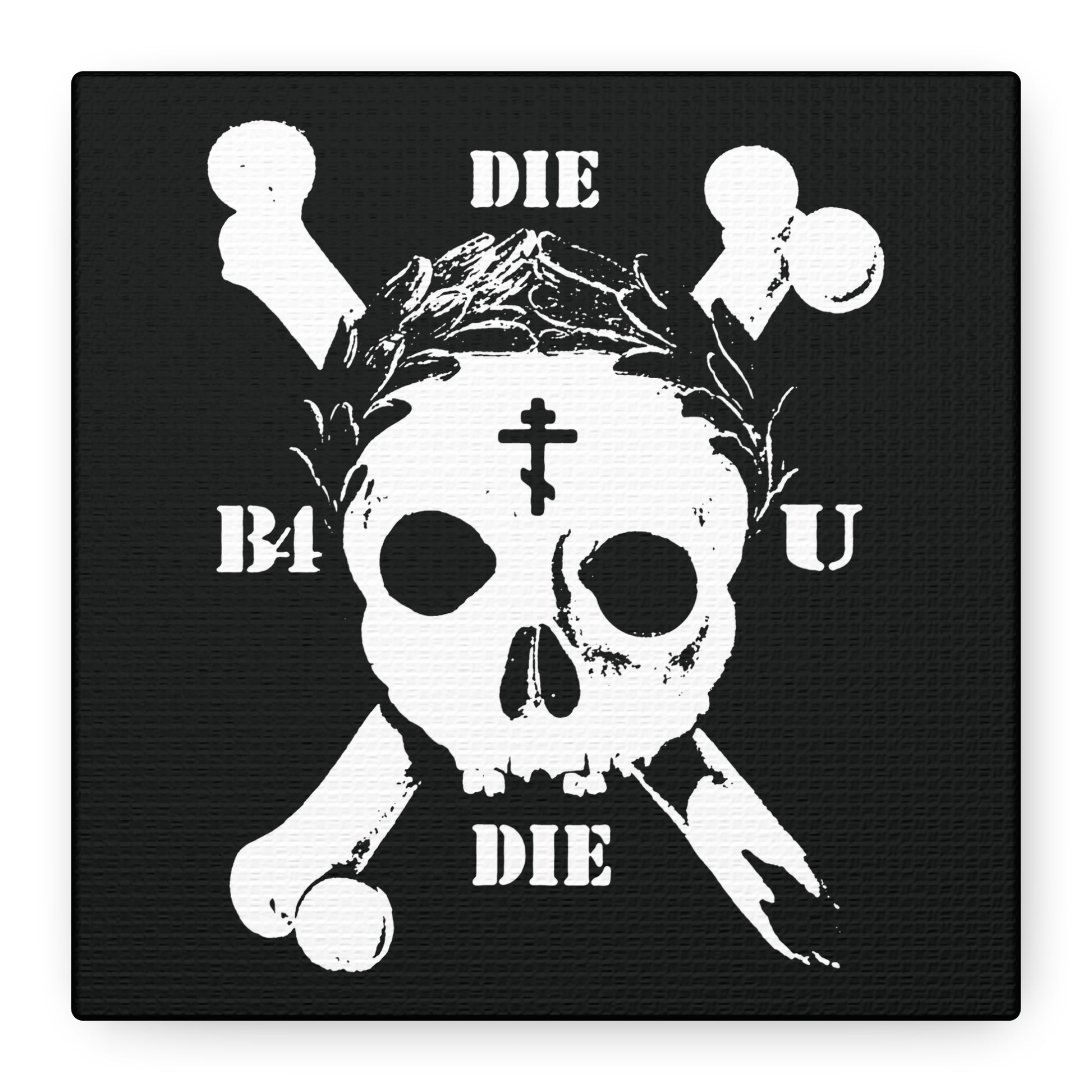 The "Die Before You Die" Retro Skull & Crossbones wall art features an Orthodox cross and laurel victory wreath, blending Memento Mori and ascetic Christian themes inspired by Matthew 16:24-25.