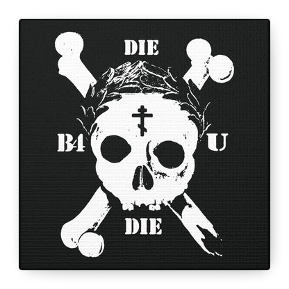 The "Die Before You Die" Retro Skull & Crossbones wall art features an Orthodox cross and laurel victory wreath, blending Memento Mori and ascetic Christian themes inspired by Matthew 16:24-25.