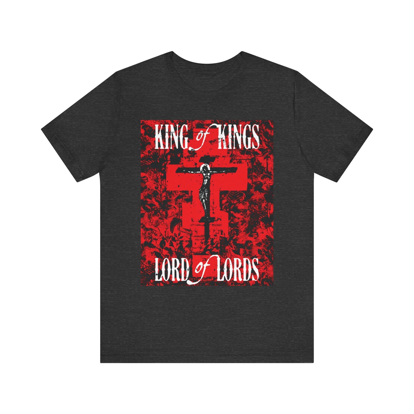 King of Kings, Lord of Lords | Christ Crucified Icono-Graphic | Red Cross Nature Texture w/ White Text | Lightweight Cotton Unisex Tee