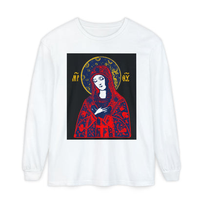 Joy of All Joys Tenderness Theotokos Iconographic Based on Traditional Orthodox Iconography | Red Design | Orthodox Christian Long Sleeve Shirt