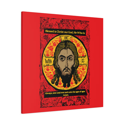 The "Made Without Hands" Jesus Christ Orthodox icon canvas by Remembrance of Death features a stylized Christ face on a red, black, and yellow background with an Orthodox hymn and “Blessed is Christ our God, He Who Is” inspired by Troparion Tone 2.