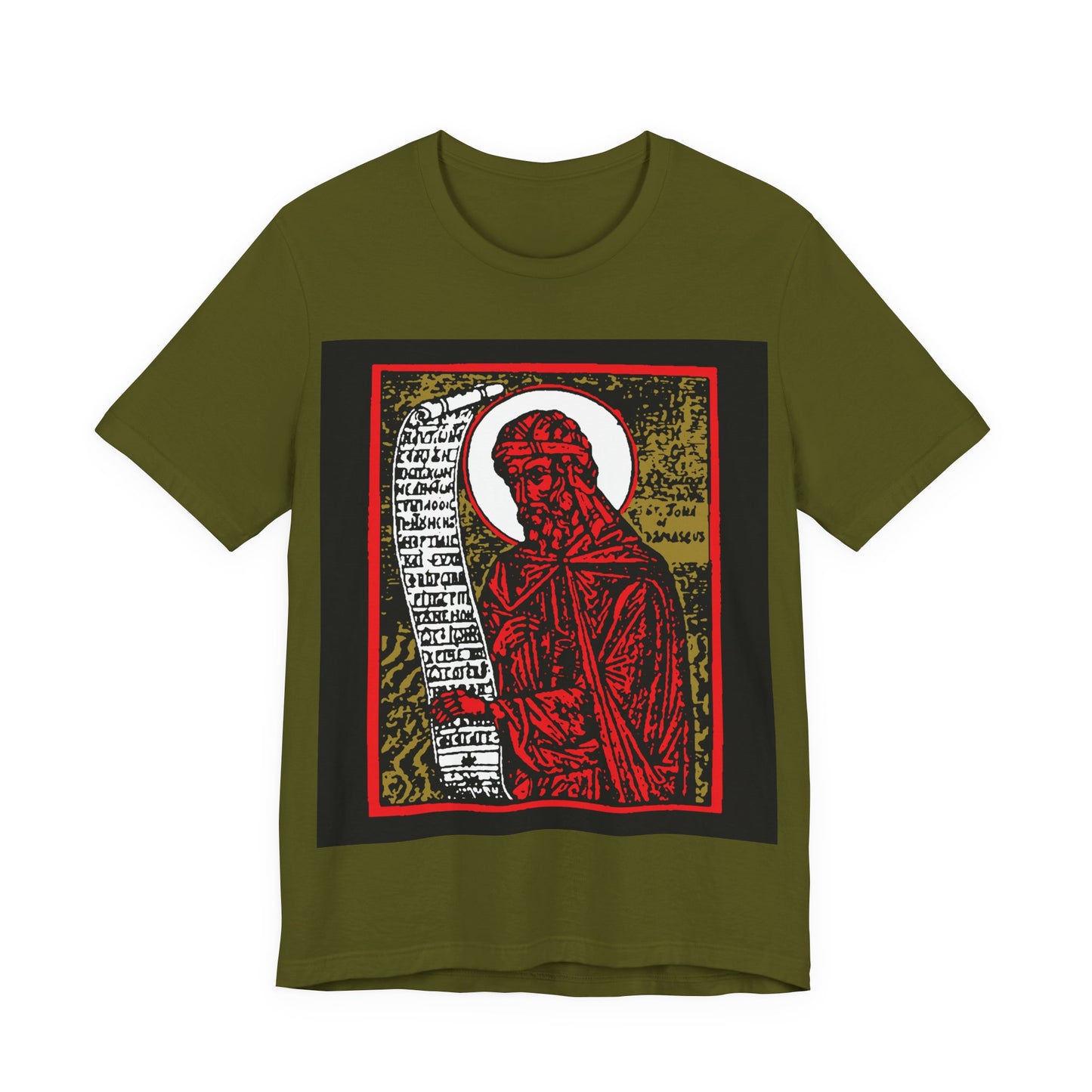 St. John of Damascus Icono-Graphic | Orthodox Christian Saint | Red Gold & Black High Contrast Design | Orthodox Christian Cotton T-Shirt