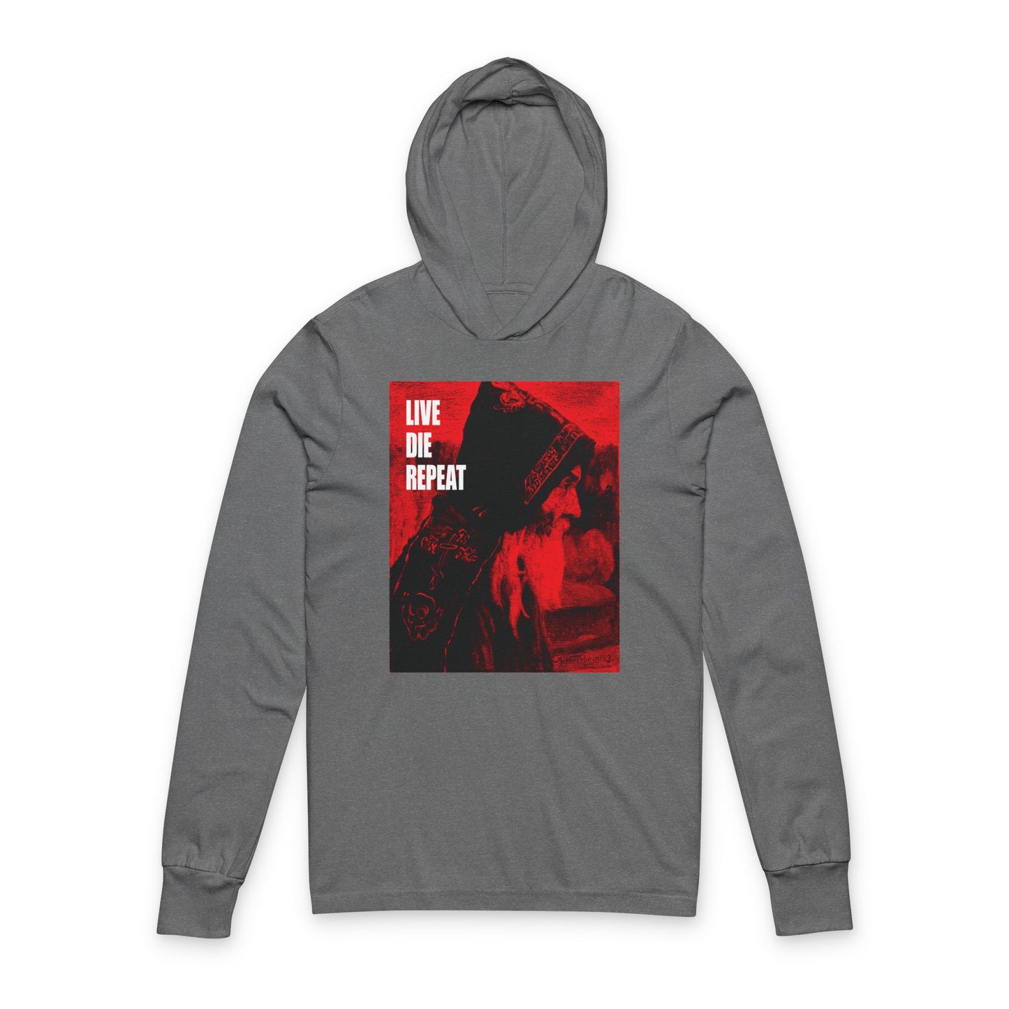 Grey TriBlend hooded cotton shirt featuring a red and black graphic inspired by "Monk" by Mikhail Nesterov, with "LIVE DIE REPEAT" on the front. Part of the Ascetic Christianity collection: Die Every Day, and You Will Live Forever.