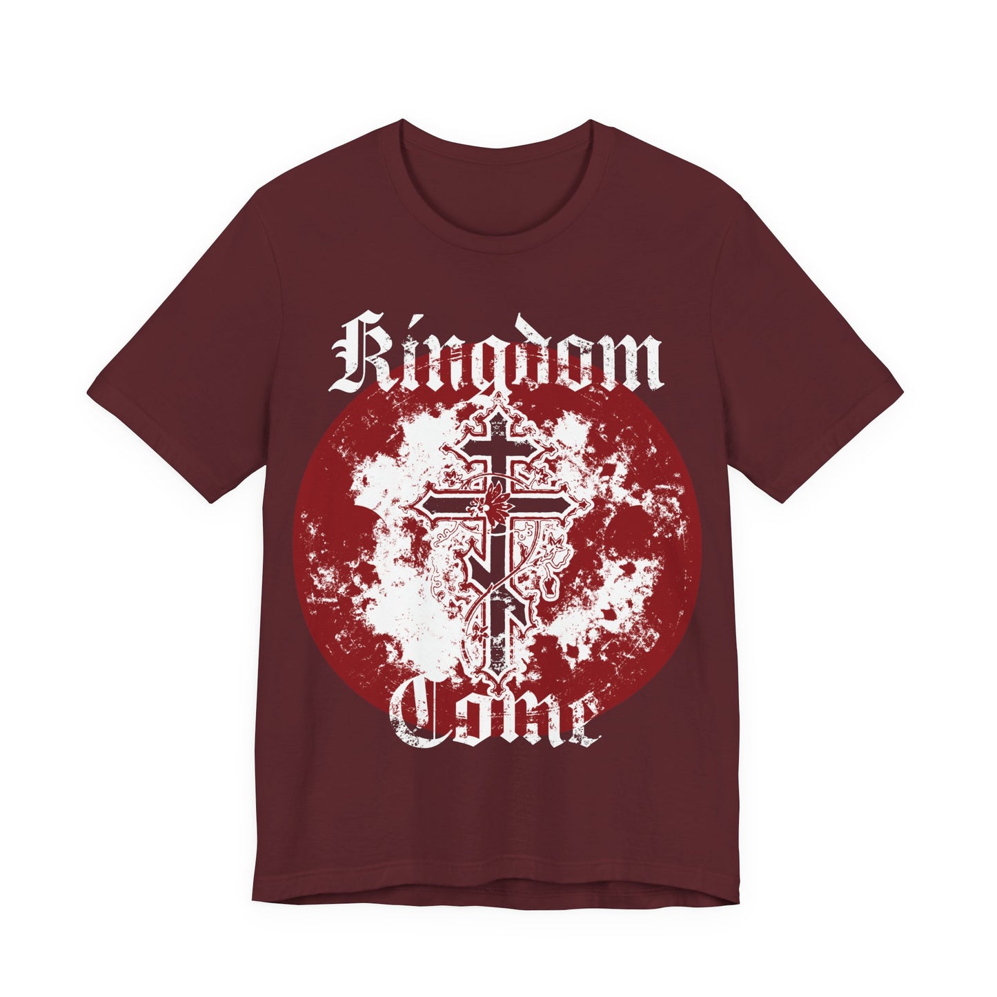 Maroon unisex cotton t-shirt featuring "Kingdom Come," Lord's Prayer inspiration, and an Orthodox cross with vine design.