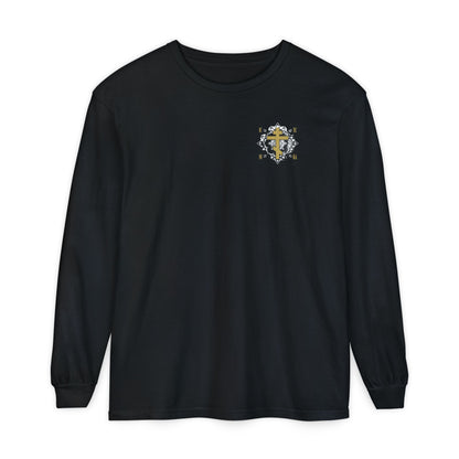 Gold Orthodox Cross ICXC NIKA  (Small Design) | White Medieval Ornate Floral Pattern | Jesus Christ Conquers | Christian Long Sleeve