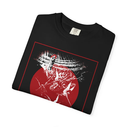 Black Infinite Benevolence Will Seem Menacing to the Unrepentant t-shirt with a red-framed Gustave Doré etching.
