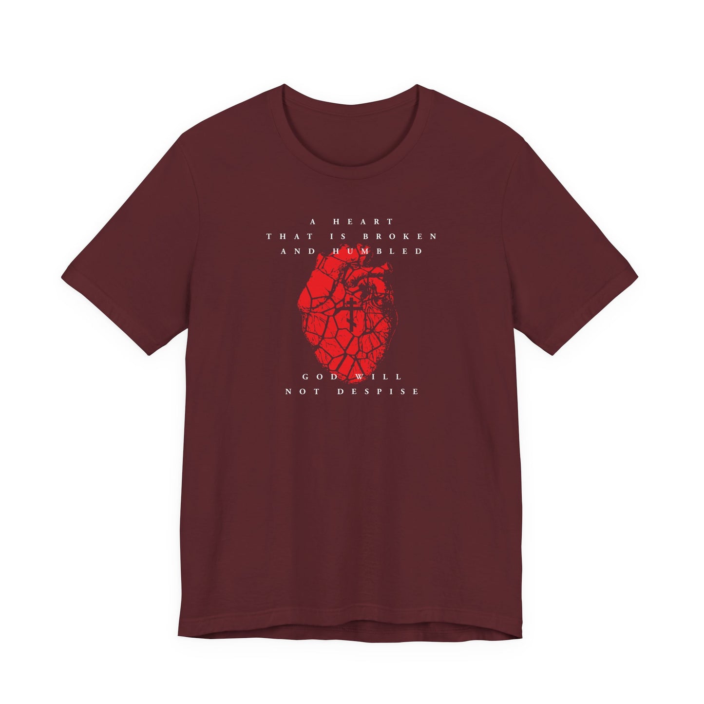 Maroon unisex cotton t-shirt featuring a cracked heart with Orthodox cross and the text: “A heart that is broken and humbled God will not despise.” Inspired by Psalm 50 and repentance.