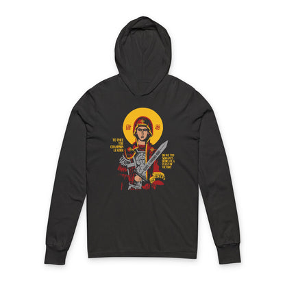 To Thee the Champion Leader | Mother of God | Theotokos with Sword IconoGraphic | Orthodox Long Sleeve Hooded Shirt