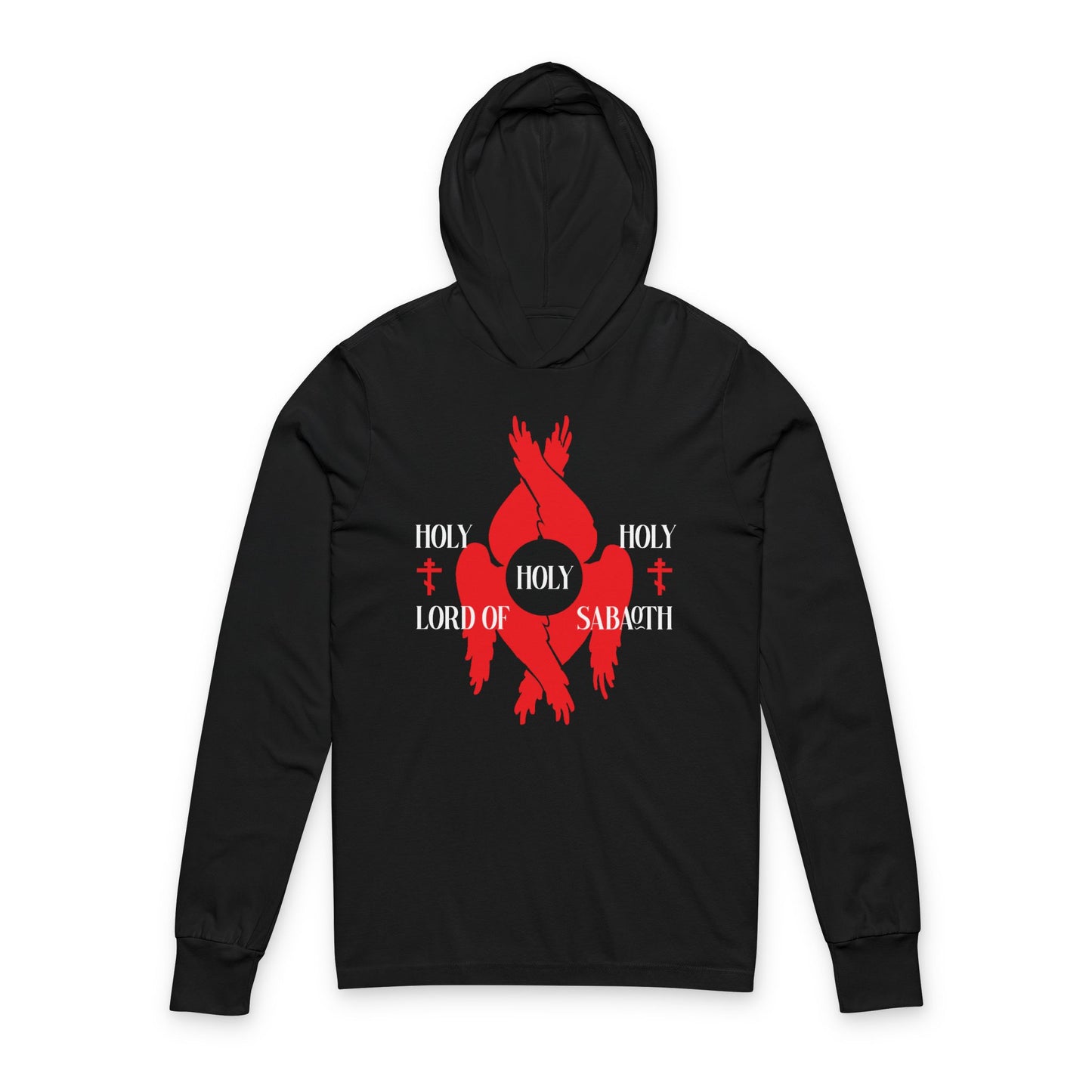Black long sleeve hooded shirt featuring red seraphim wings, Orthodox crosses, and "Holy Holy Holy Lord of Sabaoth"—inspired by Isaiah 6:3 and the Orthodox Divine Council.