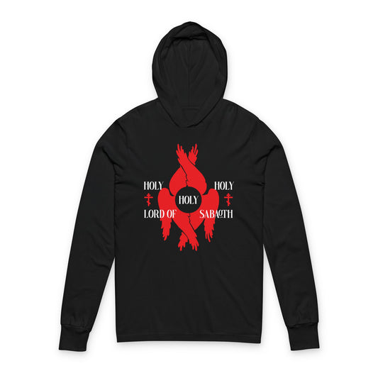 Black long sleeve hooded shirt featuring red seraphim wings, Orthodox crosses, and "Holy Holy Holy Lord of Sabaoth"—inspired by Isaiah 6:3 and the Orthodox Divine Council.