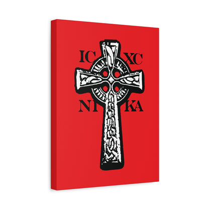 The ICXC NIKA Celtic Knotwork Cross features black and white on a red background, displaying "Jesus Christ Conquers" in Greek letters—a traditional Orthodox Christian wall art symbolizing the power of the Cross.