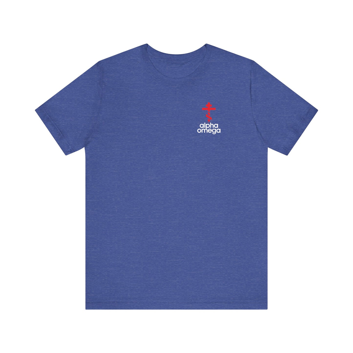Heather True Royal tee featuring a minimalist Adidas-inspired Alpha & Omega Orthodox red cross logo on the left chest, symbolizing Christian faith and prayer. Lightweight cotton, unisex fit.