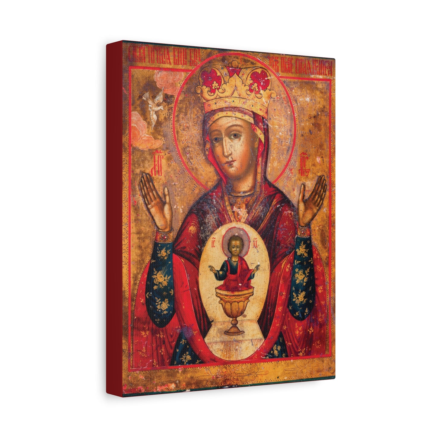 Mother of God of Nicaea Russian Orthodox Christian Icon featuring the crowned Theotokos with raised hands and the Christ Child in a chalice on her chest, set against an ornate gold background reminiscent of the Holy Table—a sacred canvas wall art honoring Panagia Mary.