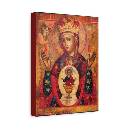 Mother of God of Nicaea Russian Orthodox Christian Icon featuring the crowned Theotokos with raised hands and the Christ Child in a chalice on her chest, set against an ornate gold background reminiscent of the Holy Table—a sacred canvas wall art honoring Panagia Mary.