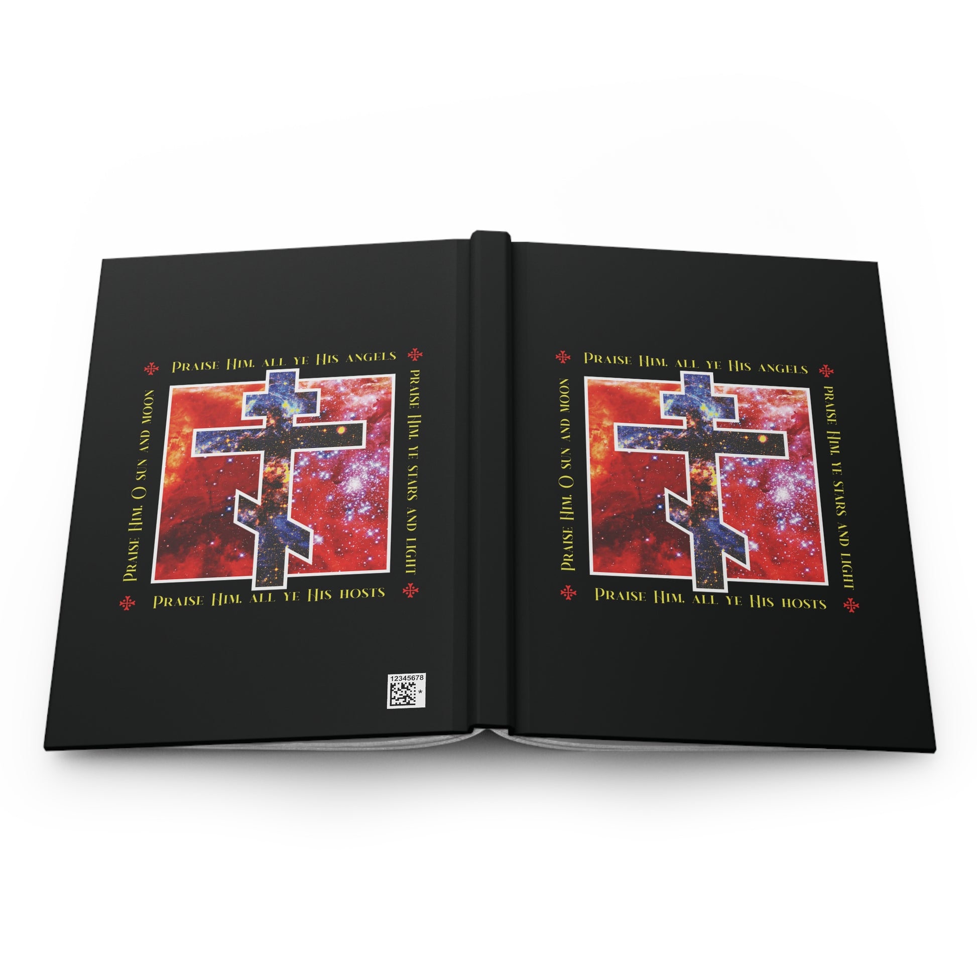 A black journal titled "Praise Him All Ye His Angels, Praise Him Ye Stars and Light" features a cosmic Orthodox cross, divine council theme, and gold-framed celestial motifs celebrating Orthodox Christian faith.