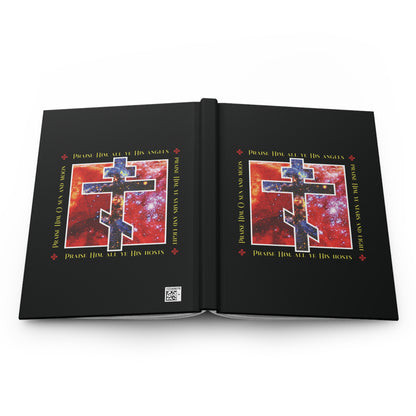 A black journal titled "Praise Him All Ye His Angels, Praise Him Ye Stars and Light" features a cosmic Orthodox cross, divine council theme, and gold-framed celestial motifs celebrating Orthodox Christian faith.
