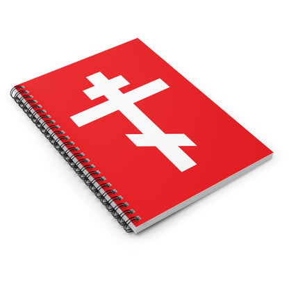 A red Orthodox spiral notebook featuring a bold white Orthodox Cross and the verse "May I never boast, except in the cross of our Lord Jesus Christ" (Gal 6:14) on the cover.