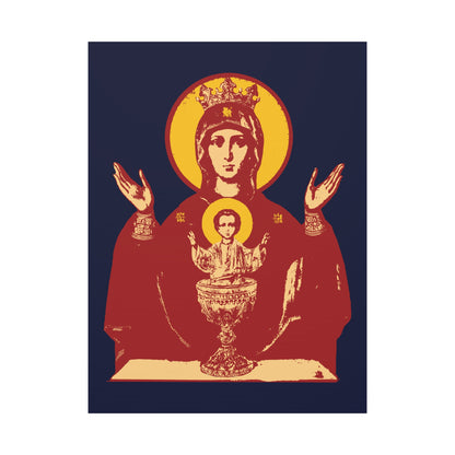The Holy Theotokos IconoGraphic of the Inexhaustible Chalice (Deliverer from Addictions, Conquer Passions) is Orthodox Christian wall art depicting the Mother of God with raised hands and the Christ child in a chalice before her.