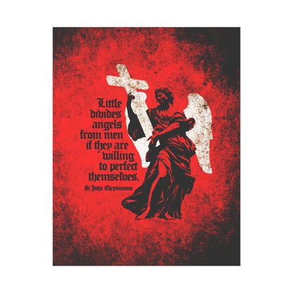 A textured poster featuring a black angel with a cross and quote, "Little divides angels from men... 'Looking unto Jesus, my grace is sufficient,'" inspired by St John Chrysostom. Orthodox Christian Art: Little Divides Angels from Men.