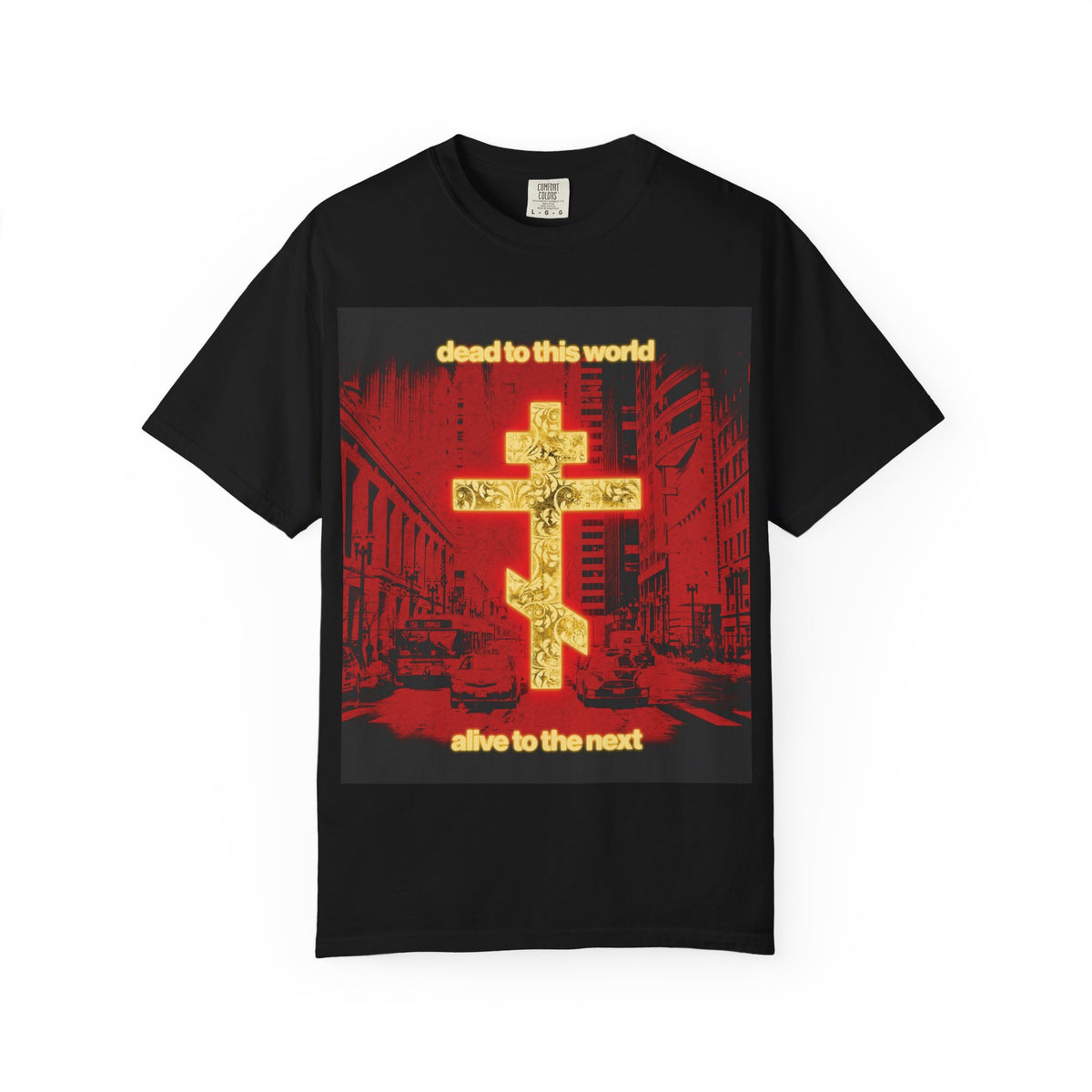 Black heavyweight cotton unisex tee featuring a glowing gold cross and a striking red cityscape, with the text “dead to this world, alive to the next,” inspired by St. Ignatius’ profound reflections on destiny, death, and eternity. Product: Dead to This World Alive to the Next | Glowing Gold Cross Red Cityscape | Orthodox Christian Tee.