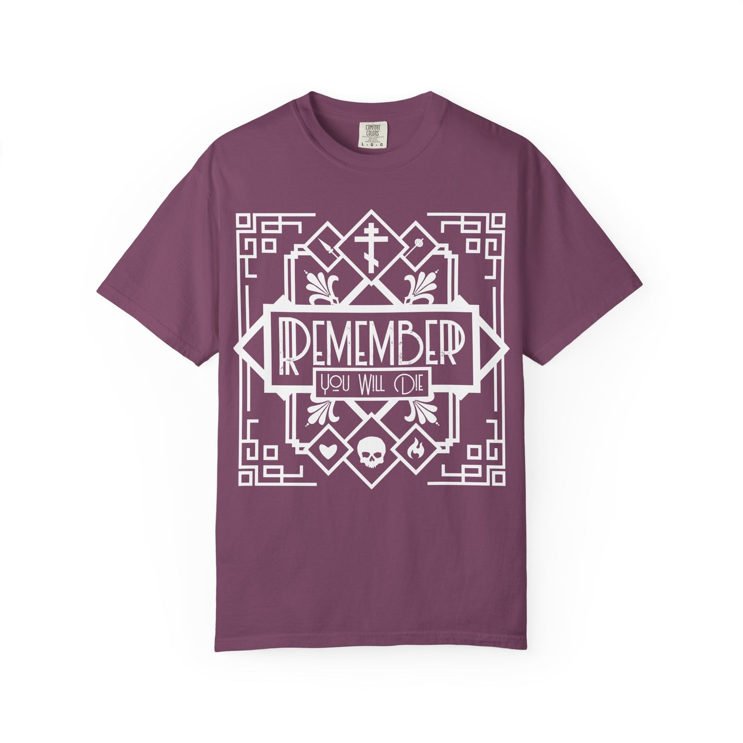 Remember You Will Die Art Deco Design | Black and White Line Art | Skull Heart Fire | Memento Mori | Heavyweight Cotton Unisex T-Shirt