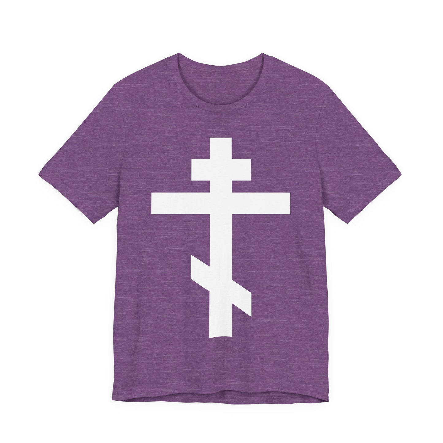 Heather Team Purple unisex tee featuring a large white Orthodox cross and Gal 6:14: "May I never boast, except in the cross of our Lord Jesus Christ," symbolizing salvation and reflecting the Saviour’s sufferings.