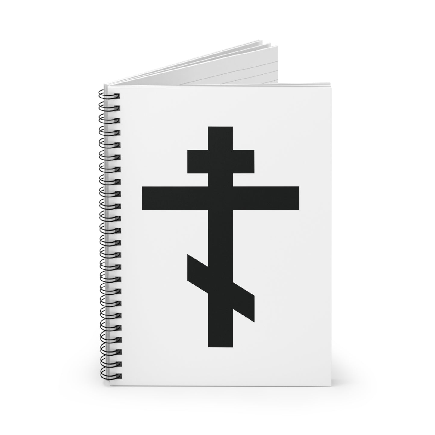 The Black Orthodox Cross Spiral Notebook features the quote "May I never boast, except in the cross of our Lord Jesus Christ" (Gal 6:14) on its white cover with a bold black Eastern Orthodox cross.