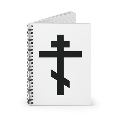 The Black Orthodox Cross Spiral Notebook features the quote "May I never boast, except in the cross of our Lord Jesus Christ" (Gal 6:14) on its white cover with a bold black Eastern Orthodox cross.