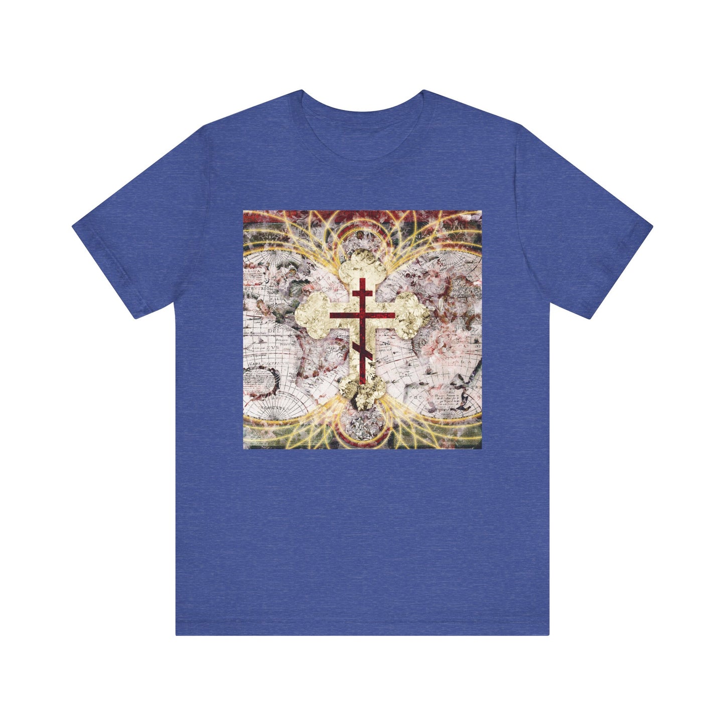 Heather True Royal unisex tee with a red Orthodox cross on an antique map and glowing magnetic lines, inspired by Revelation 1:18—Conqueror of Death. Lightweight cotton for comfort and style.