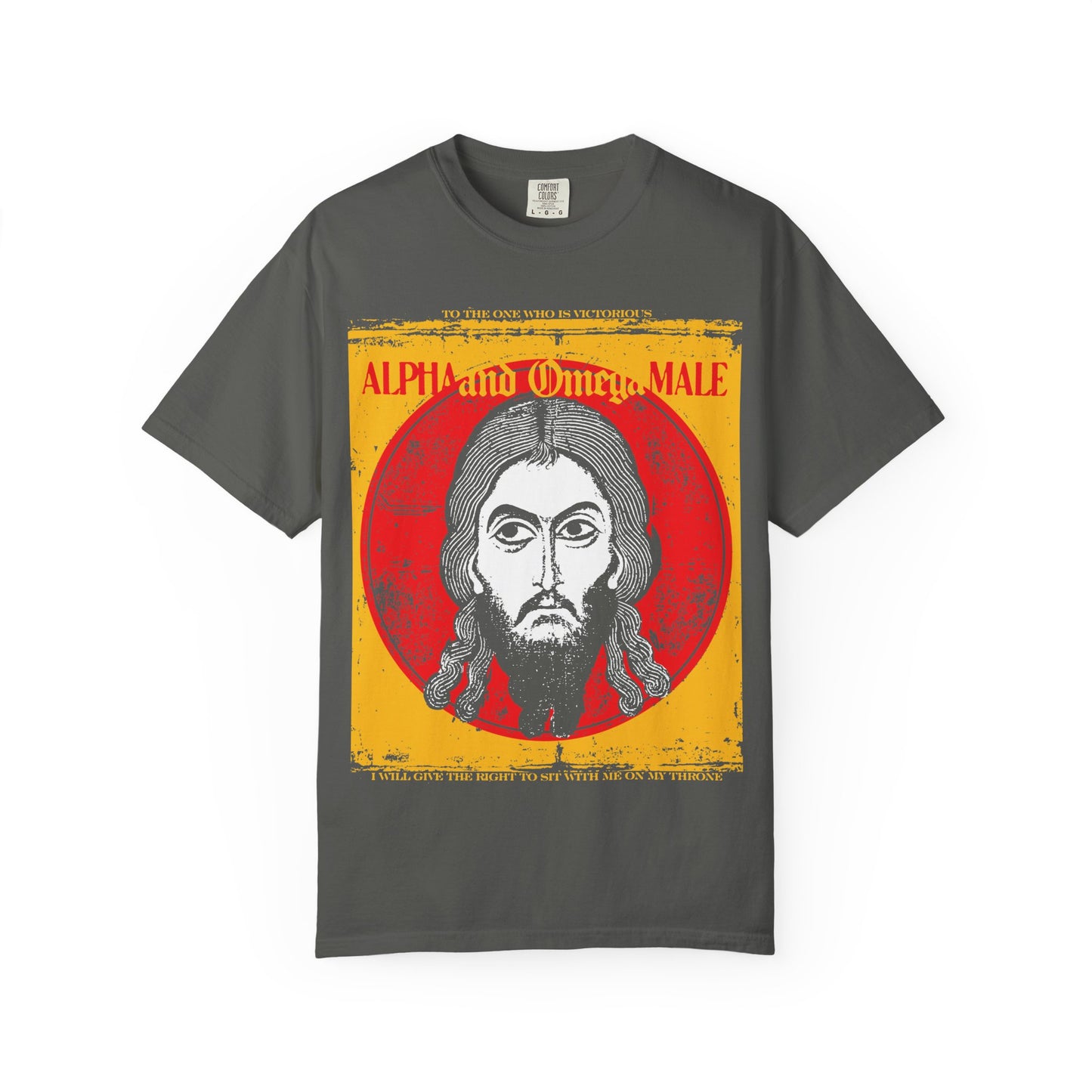 Pepper-colored heavyweight cotton unisex tee featuring a stylized Image of Edessa (Jesus Christ) in a red-yellow frame, with “Alpha & Omega MALE” inspired by Revelation above it—part of the “To the One Who Is Victorious” Orthodox IkonoGraphic collection.