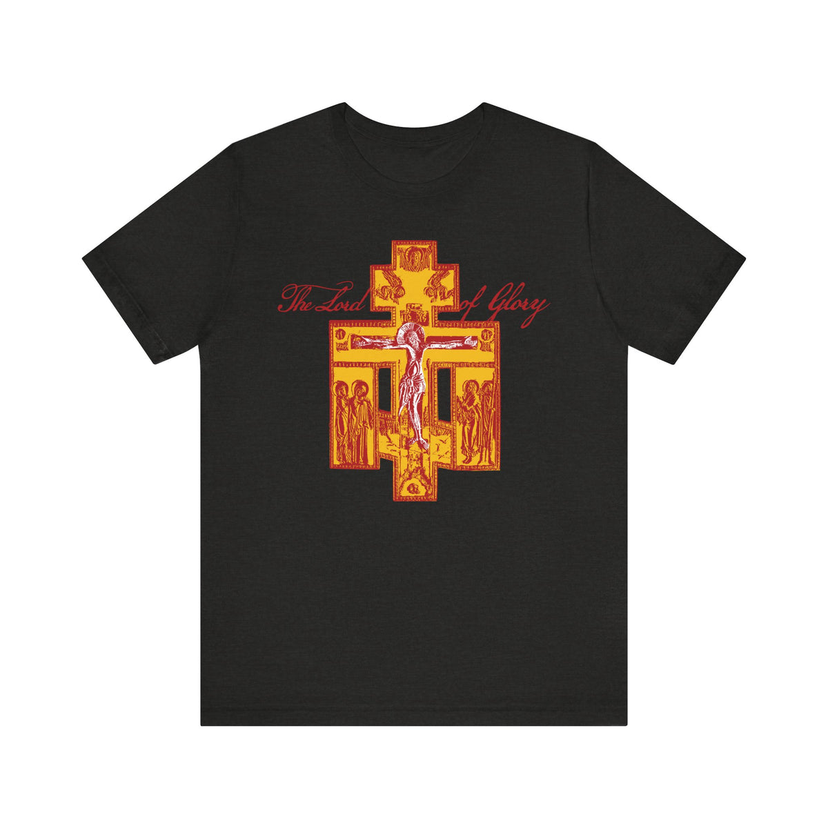 Black Heather unisex tee featuring a Russian Golgotha Crucifix IconoGraphic with red and yellow Orthodox cross, religious figures, and "The Lord of Glory" text above—a striking Orthodox Christian tribute inspired by 1 Corinthians 2:8.