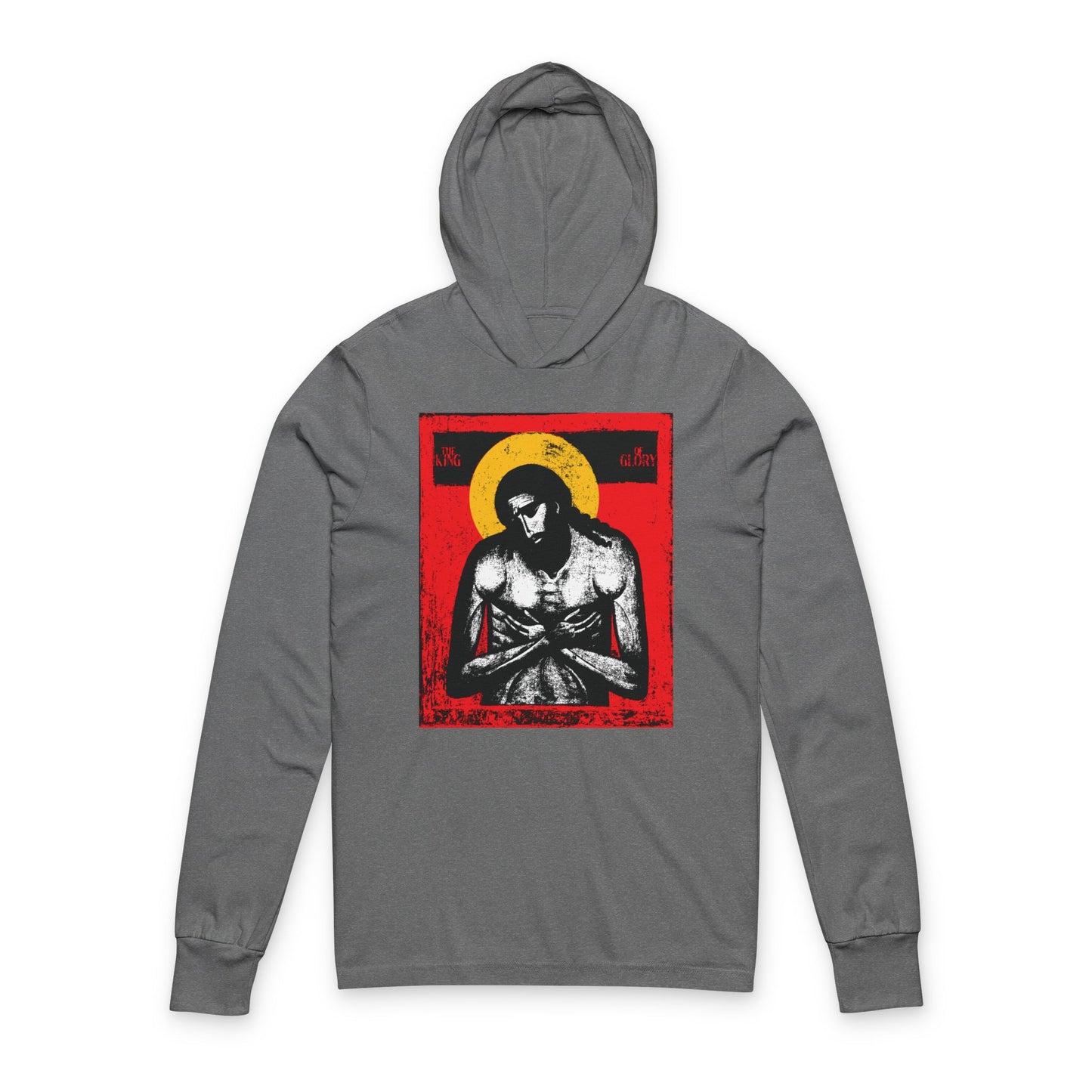 The King of Glory Jesus Christ "Extreme Humility" IconoGraphic Hooded Shirt in Grey TriBlend features Christ on the chest with a vibrant red, yellow, white, and black design, inspired by Isaiah 53 for a modern Christian devotional look.