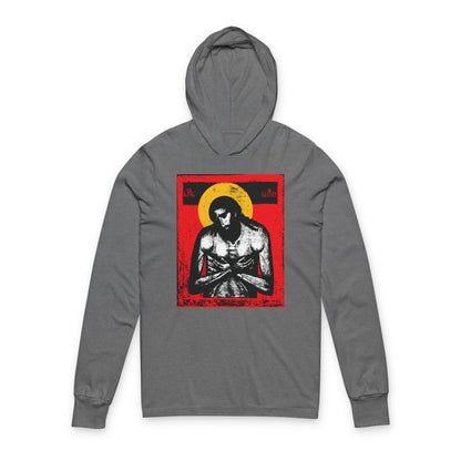 The King of Glory Jesus Christ "Extreme Humility" IconoGraphic Hooded Shirt in Grey TriBlend features Christ on the chest with a vibrant red, yellow, white, and black design, inspired by Isaiah 53 for a modern Christian devotional look.