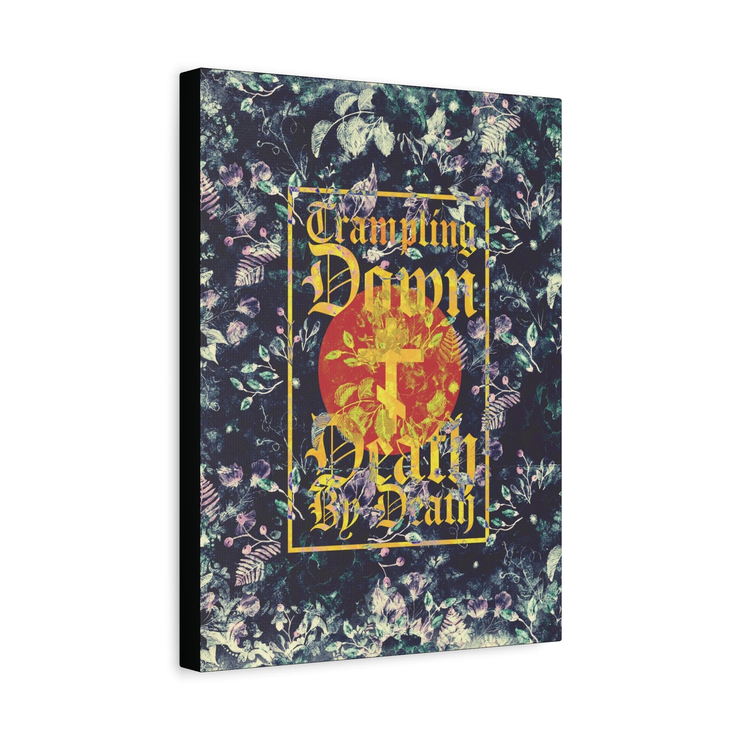 Trampling Down Death By Death | Paschal Floral Design with Gothic Script and Three-Bar Cross | Orthodox Christian Canvas Art
