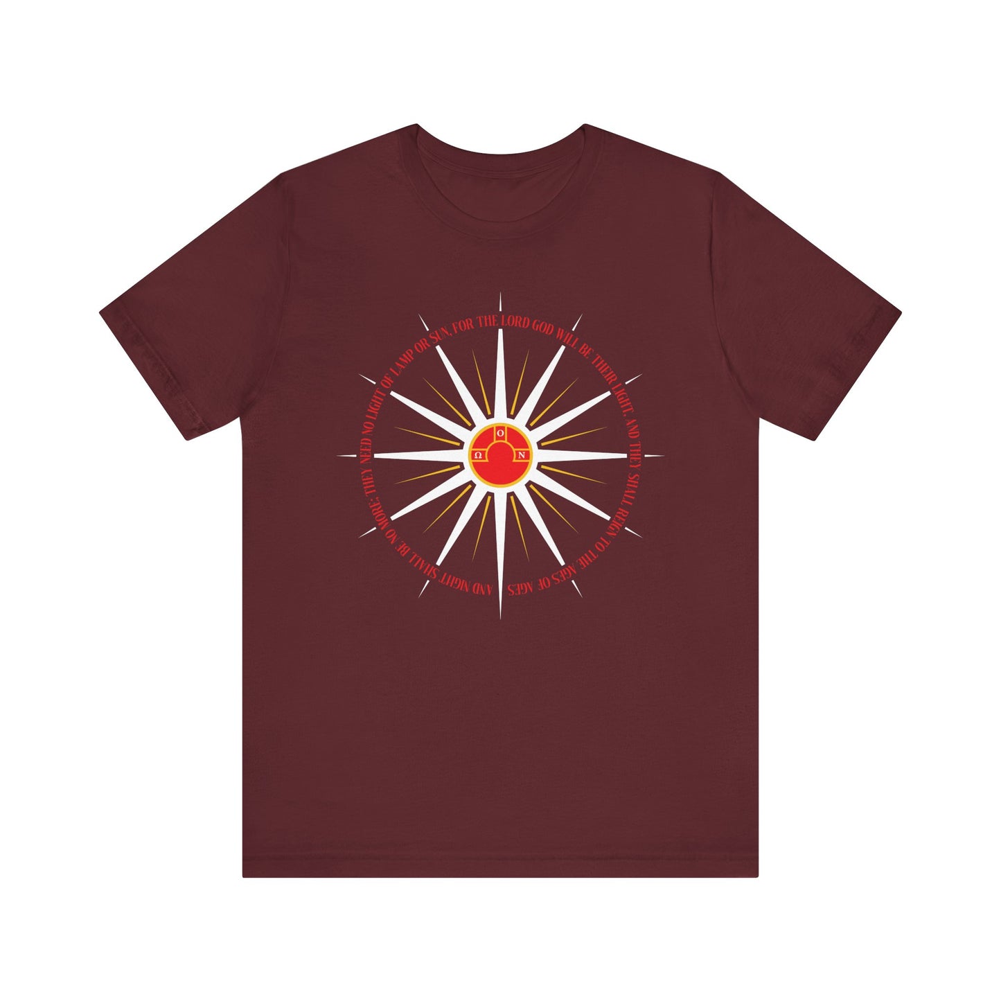 Maroon "And Night Shall Be No More (Rev. 22:5)" t-shirt with blazing sun rays and apocalyptic Orthodox Christian design, symbolizing the Second Coming. Lightweight cotton.