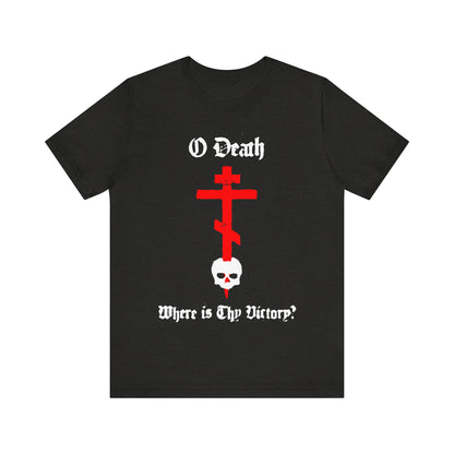 O Death Where is Thy Victory? 1 Cor 15:55 | Cross Stabbing Skull | Spraypaint Aesthetic | Orthodox Christian Cotton T-Shirt