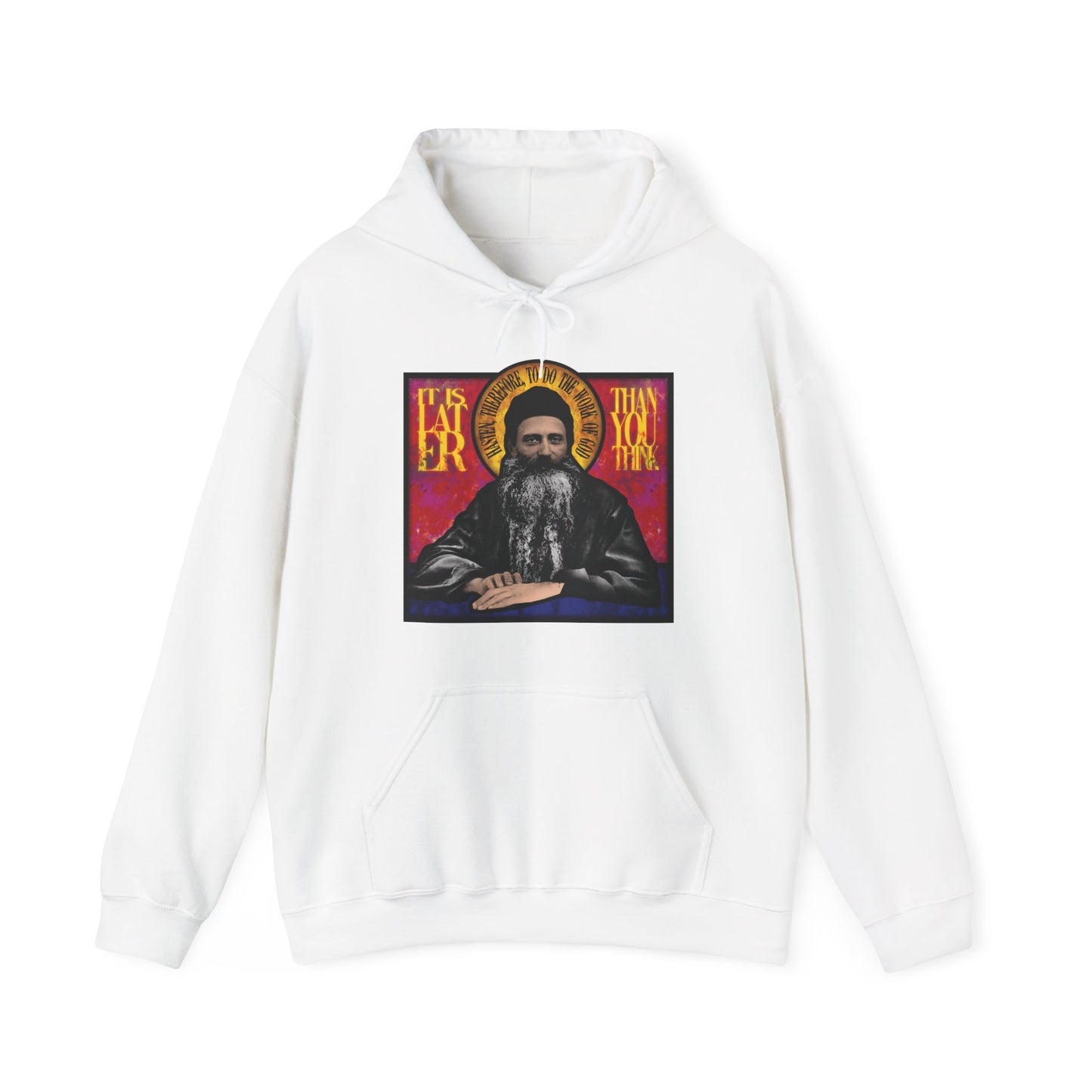 White “It Is Later Than You Think” hoodie features a stained glass design of Fr. Seraphim Rose, American Orthodox monastic saint, and is a reminder that the Kingdom of Heaven may be closer than we realize.
